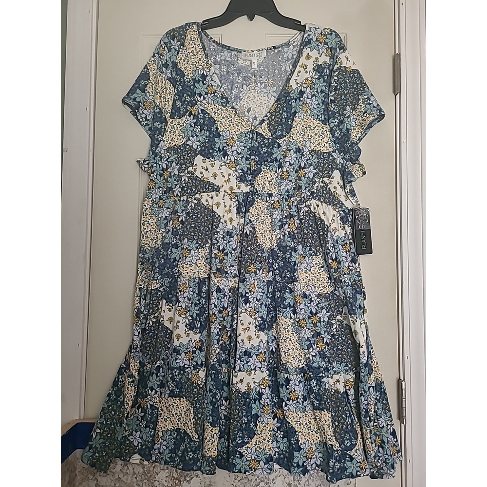 Planet Gold Sz 3X Plus Floral Babydoll Tiered Dress NWT Blue Yellow Summer Cute